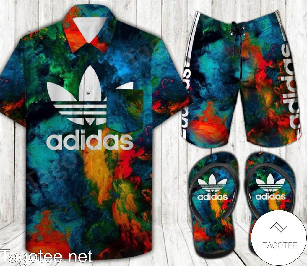 Adidas Colorful Combo Hawaiian Shirt, Beach Shorts And Flip Flop