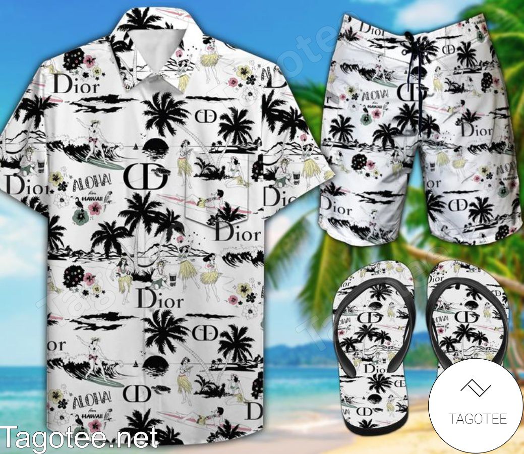 Dior Aloha Palm Combo Hawaiian Shirt, Beach Shorts And Flip Flop