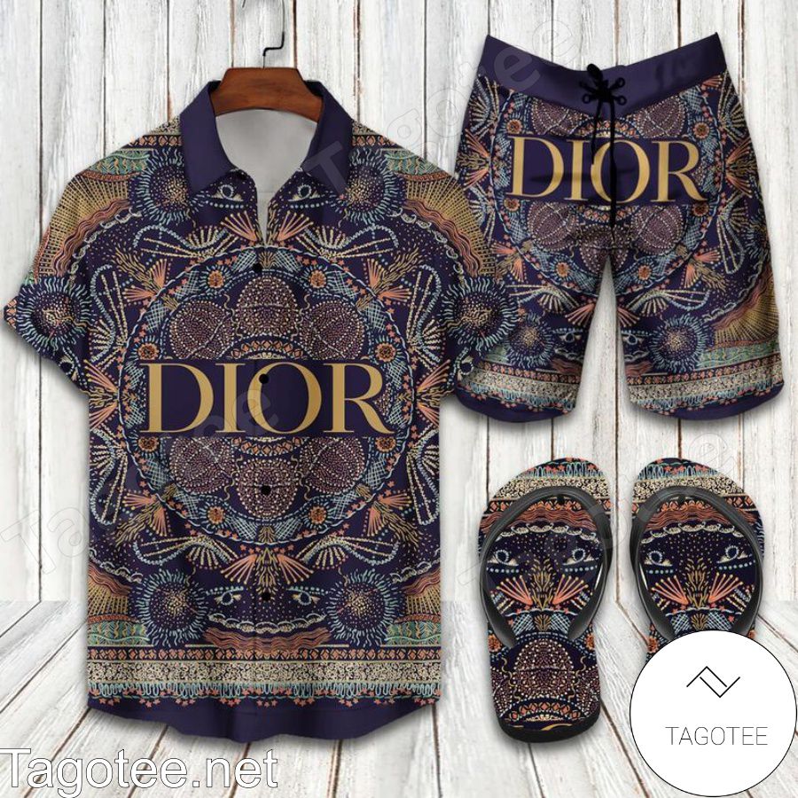 Dior Patterns Printing Combo Hawaiian Shirt, Beach Shorts And Flip Flop