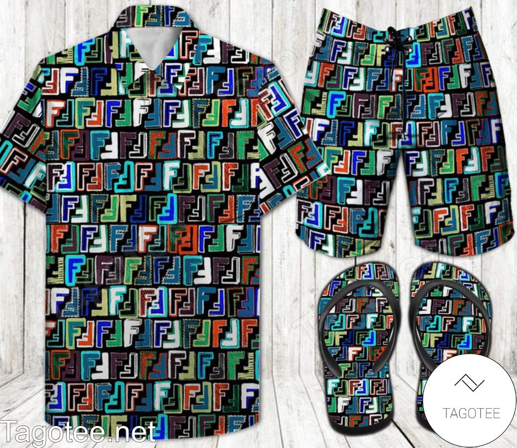 Fendi Fun Color Combo Hawaiian Shirt, Beach Shorts And Flip Flop