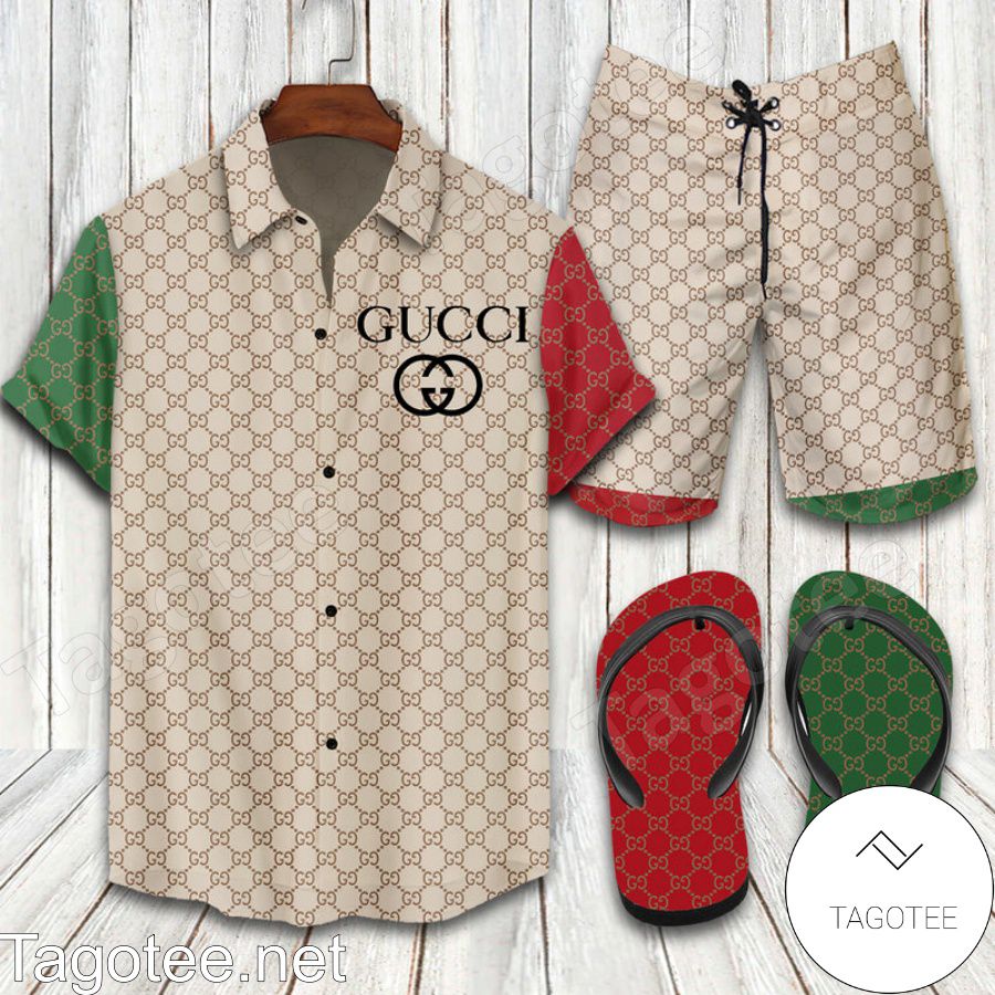 Gucci 2022 Green And Red Combo Hawaiian Shirt, Beach Shorts And Flip Flop