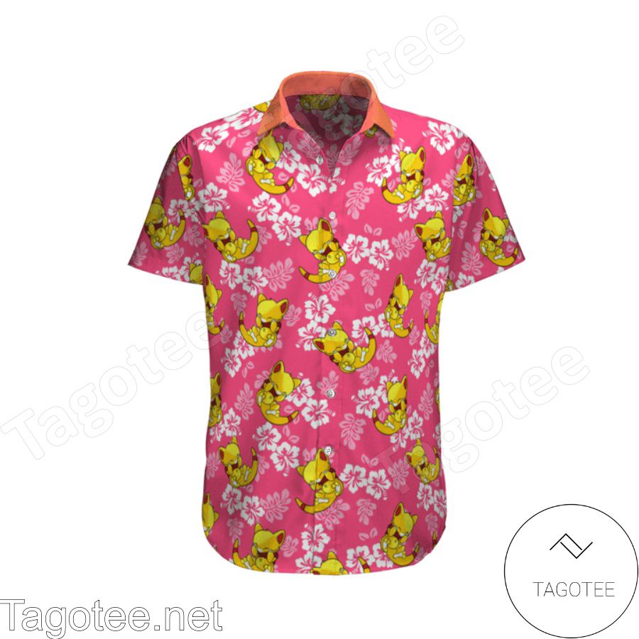 Abra Pokemon Hibicus Floral Pattern Pink Hawaiian Shirt And Short