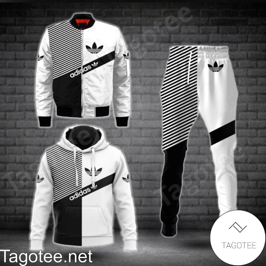 Adidas Black And White With Diagonal Stripes Hoodie And Pants