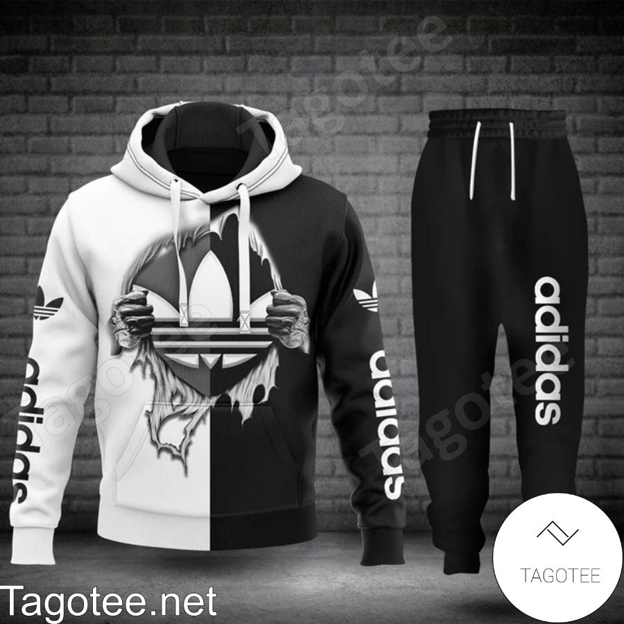 Adidas Hands Ripping Half Black Half White Hoodie And Pants