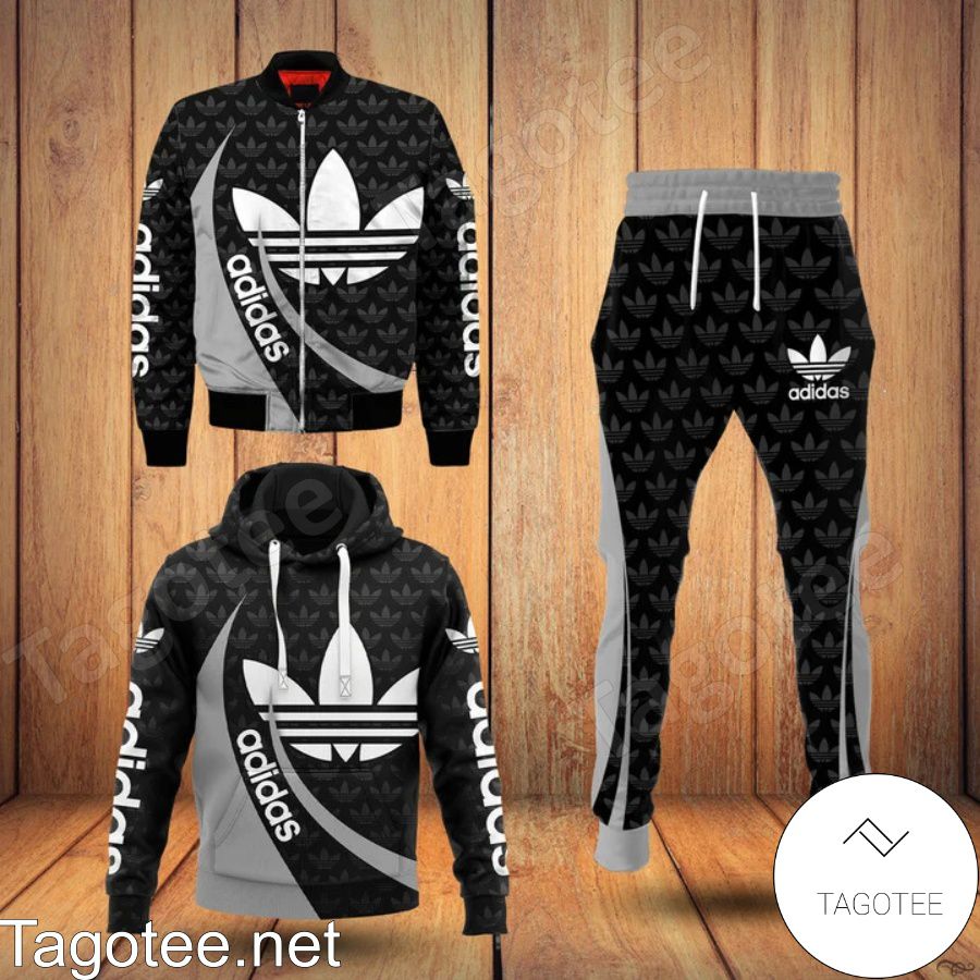 Adidas Logo Full Print Black Mix Grey Hoodie And Pants