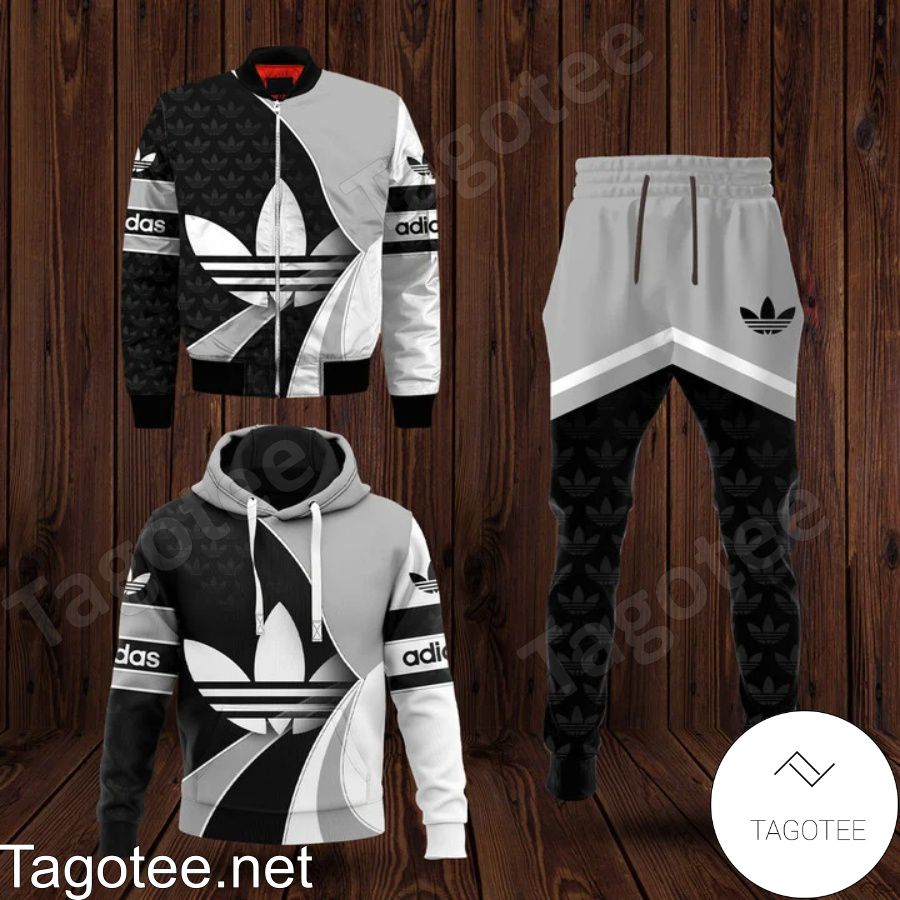 Adidas Logo Full Print Curves Black White Grey Hoodie And Pants
